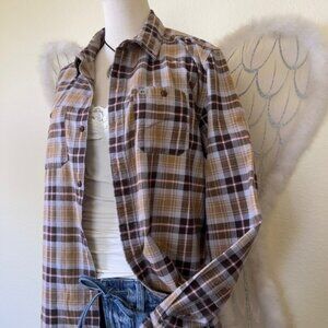 Indie Skater Grunge‎ Plaid Flannel Shirt Button Up Long Sleeve Dad Brown Mustard